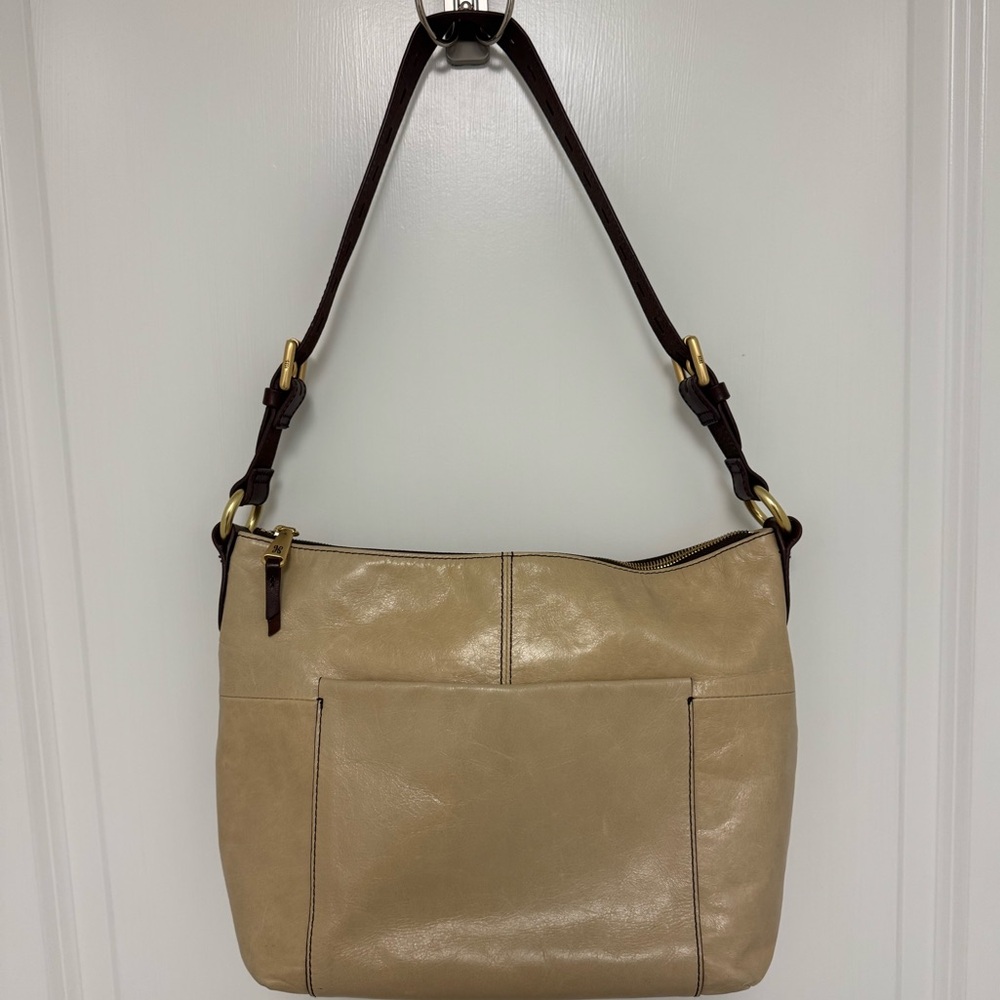 HOBO Taupe Leather Shoulder Bag with Dark Brown Strap and Gold Hardware